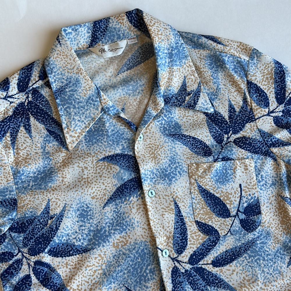 Vintage Mr. California 70’s Blue White Leaf Short Sleeve Button Shirt Mens Large